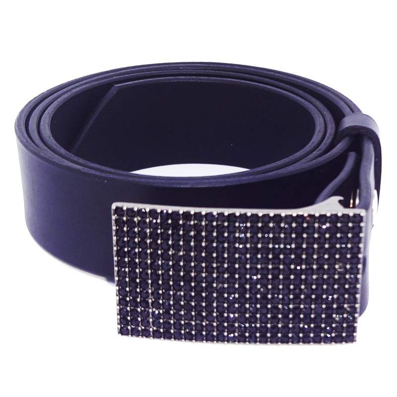 Ceinture en cuir noir 4 cm Boucle Strass Swarovski couleur noir 8