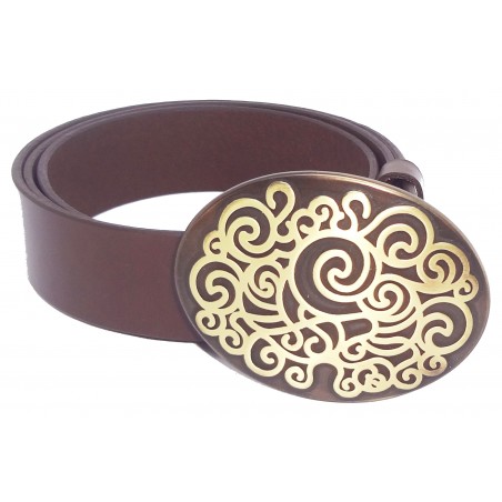 Ceinture Marron Foncé classique 4 cm Grande Plaque ovale bronze 5
