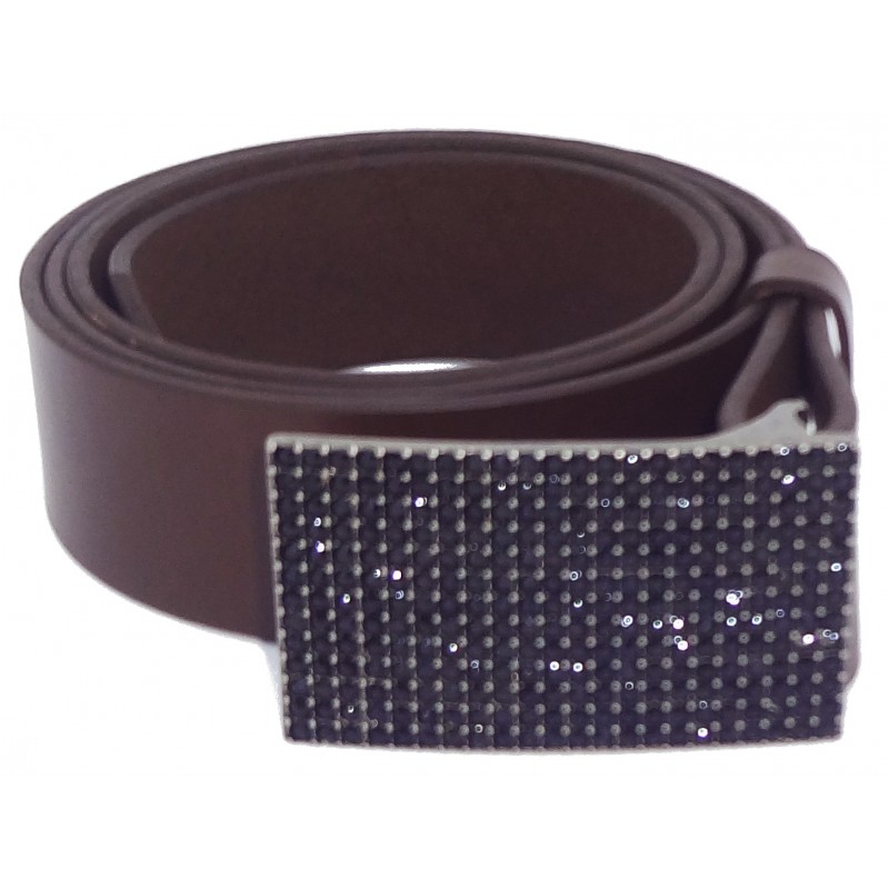 Ceinture en cuir Marron Foncé 4 cm Plaque Strass Swarovski couleur noir 8