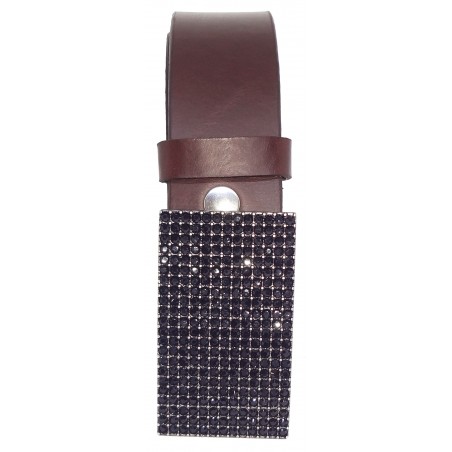 Ceinture en cuir Marron Foncé 4 cm Plaque Strass Swarovski couleur noir 8