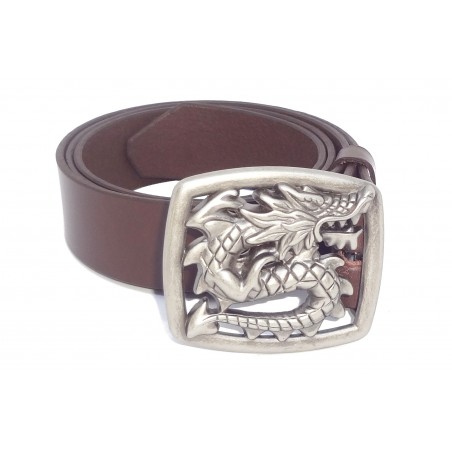 Ceinture Marron Foncé classique 4 cm Plaque dragon couleur argent vieilli 14