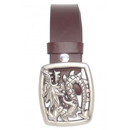 Ceinture Marron Foncé classique 4 cm Plaque dragon couleur argent vieilli 14