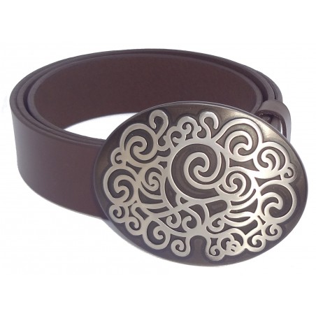 Ceinture Marron Foncé classique 4 cm Grande Plaque ovale couleur noir et blanche 6