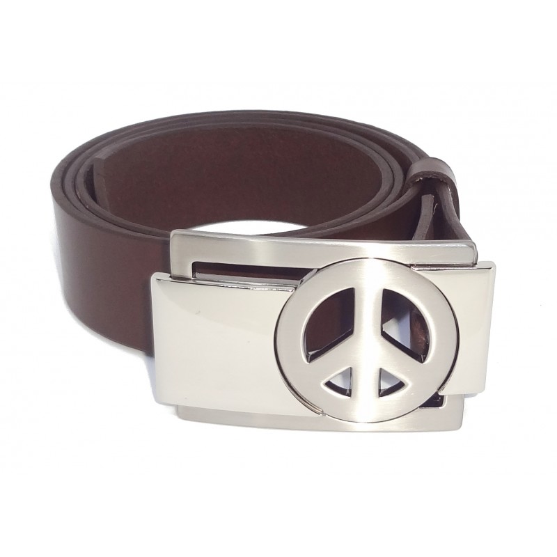 Ceinture Marron Foncé classique 4 cm Plaque Peace And Love 26