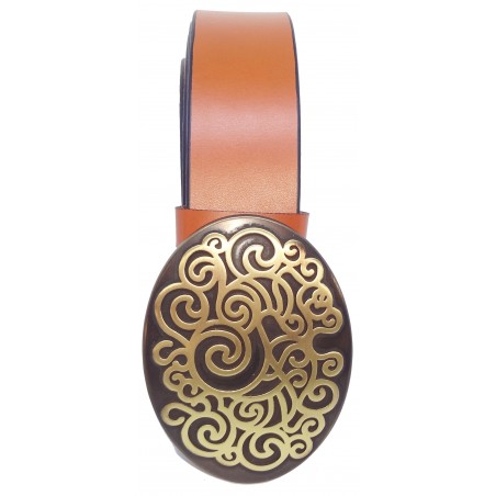 Ceinture Camel classique 4 cm Grande Plaque ovale bronze 5