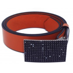 Ceinture en cuir Camel 4 cm Plaque Strass Swarovski...