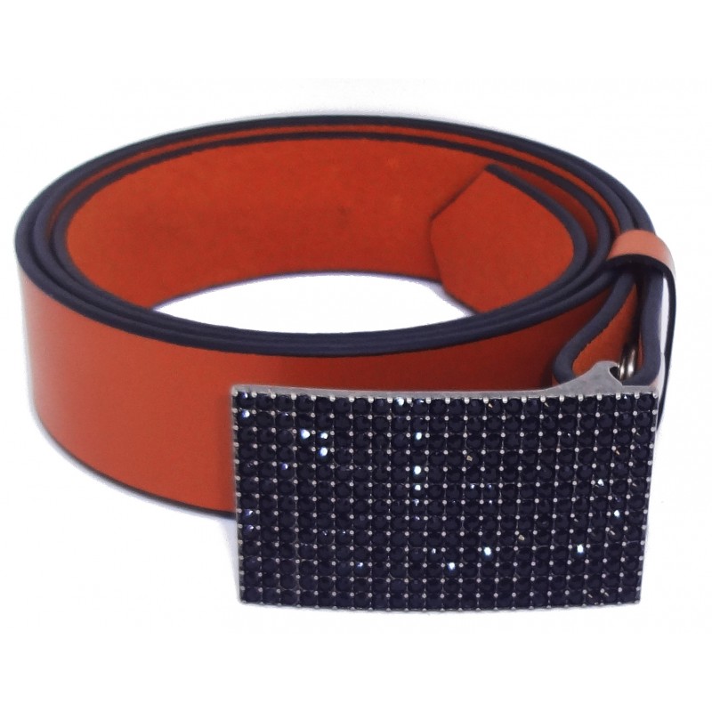 Ceinture en cuir Camel 4 cm Plaque Strass Swarovski couleur noir 8