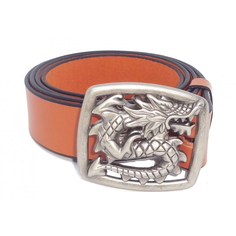 Ceinture Camel classique 4 cm Plaque dragon couleur argent vieilli 14