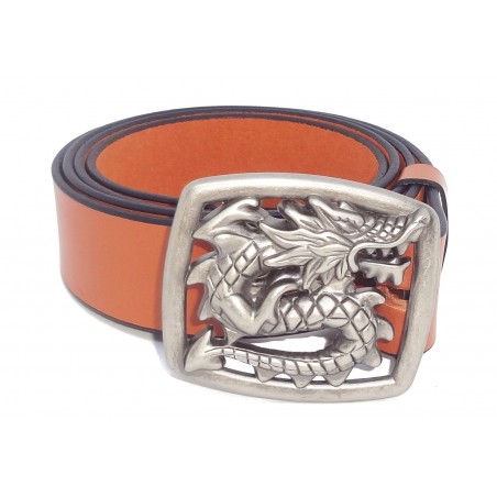 Ceinture Camel classique 4 cm Plaque dragon couleur argent vieilli 14