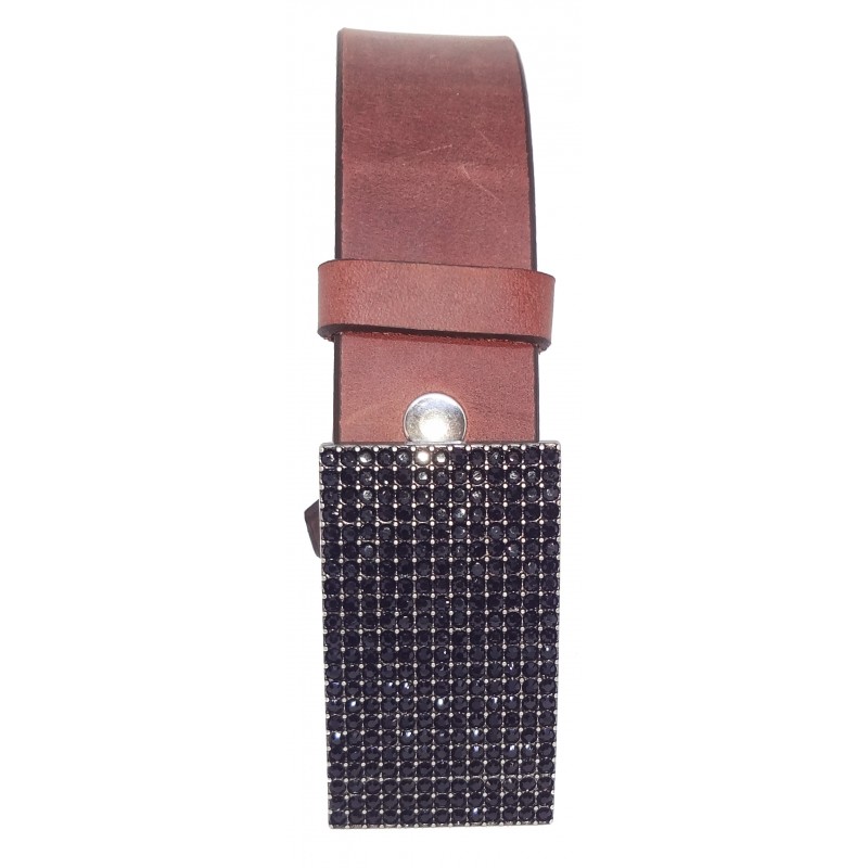 Ceinture en cuir Vieilli pull-up 4 cm Plaque Strass Swarovski couleur noir 8