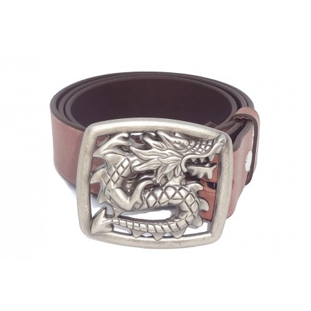 Ceinture en cuir  Vieilli classique 4 cm Plaque dragon couleur argent vieilli 14