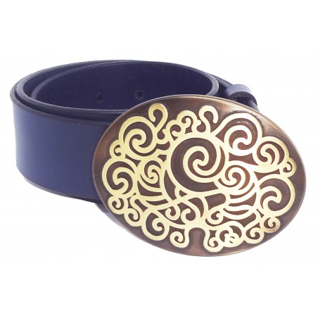 Ceinture Bleu Marine classique 4 cm Grande Plaque ovale bronze 5