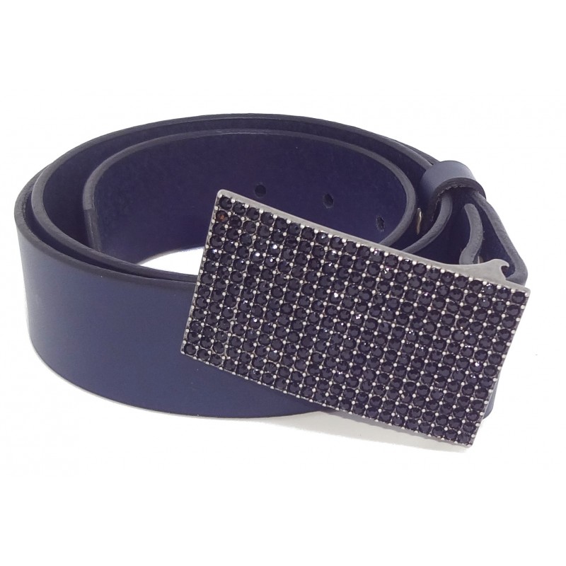 Ceinture en cuir Bleu Marine classique 4 cm Plaque Strass Swarovskic ouleur noir 8