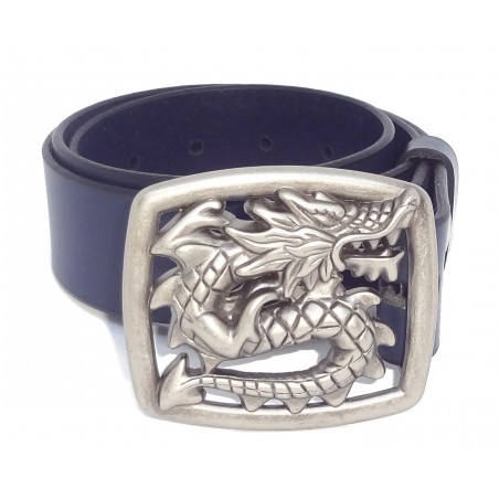 Ceinture Bleu Marine classique 4 cm Plaque dragon couleur argent vieilli 14