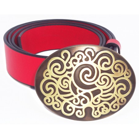 Ceinture Rouge grainé souple classique 4 cm Grande Plaque ovale bronze 5