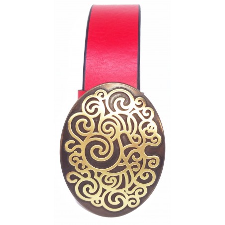 Ceinture Rouge grainé souple classique 4 cm Grande Plaque ovale bronze 5