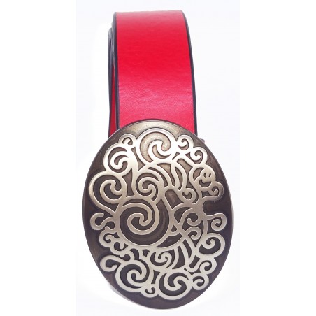Ceinture Rouge grainé souple classique 4 cm Grande Plaque ovale couleur noir et blanche 6