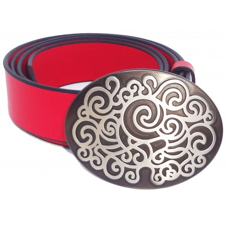 Ceinture Rouge grainé souple classique 4 cm Grande Plaque ovale couleur noir et blanche 6