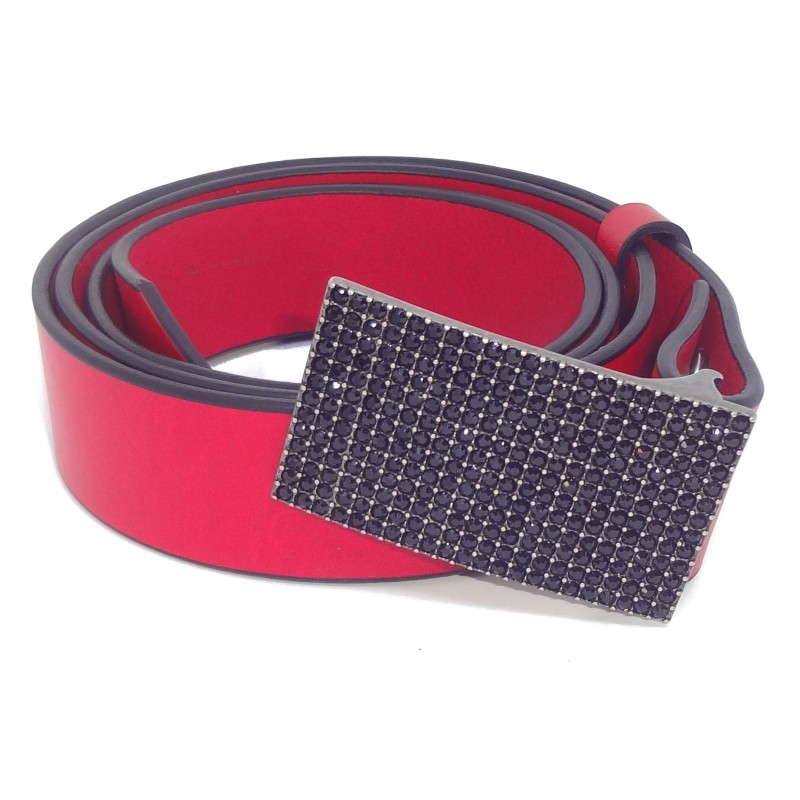 Ceinture en cuir Rouge 4 cm Plaque Strass Swarovski couleur noir 8