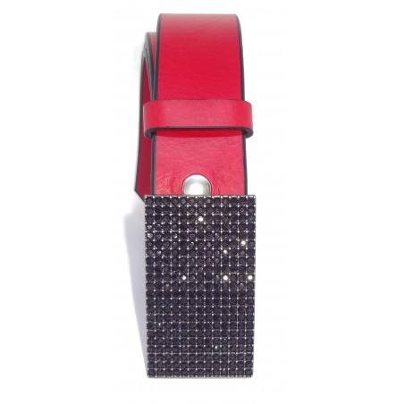 Ceinture en cuir Rouge 4 cm Plaque Strass Swarovski couleur noir 8