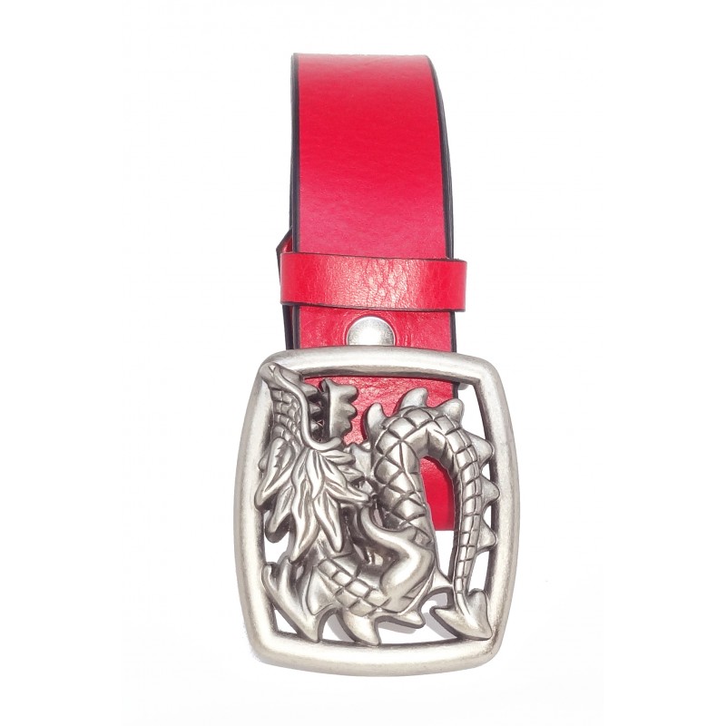 Ceinture en cuir Rouge 4 cm Plaque dragon couleur argent vieilli 14