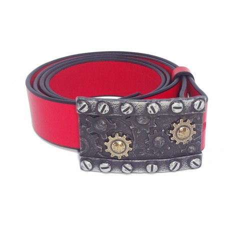 Ceinture Rouge grainé souple 4 cm Plaque Steampunk Engrenage 23