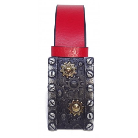 Ceinture Rouge grainé souple 4 cm Plaque Steampunk Engrenage 23