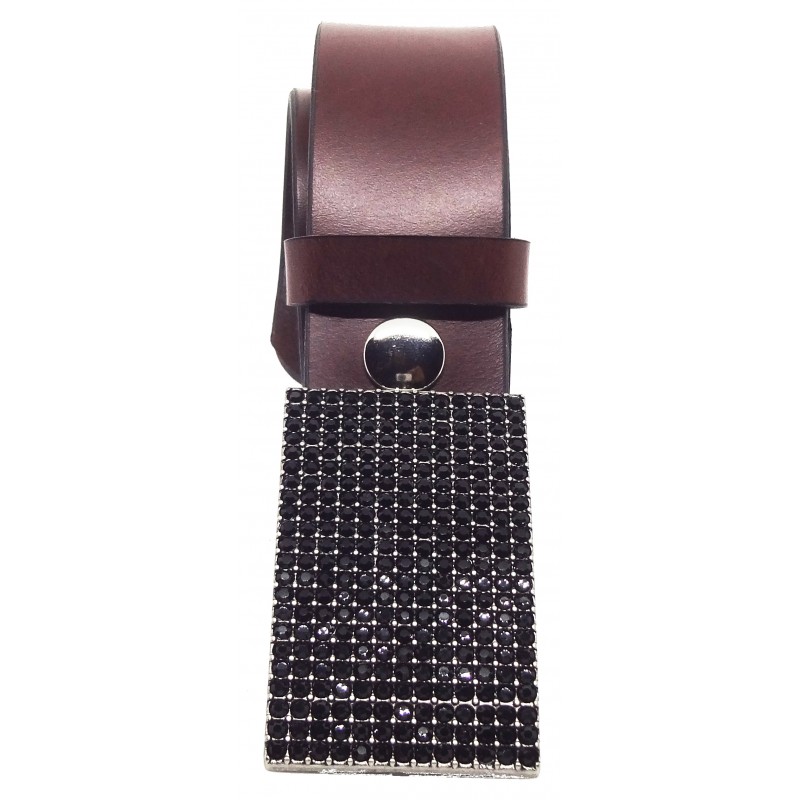 Ceinture en cuir Bordeaux classique 4 cm Plaque Strass Swarovski couleur noir 8