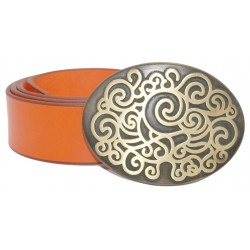 Ceinture Orange 4 cm Grande Plaque ovale bronze 5