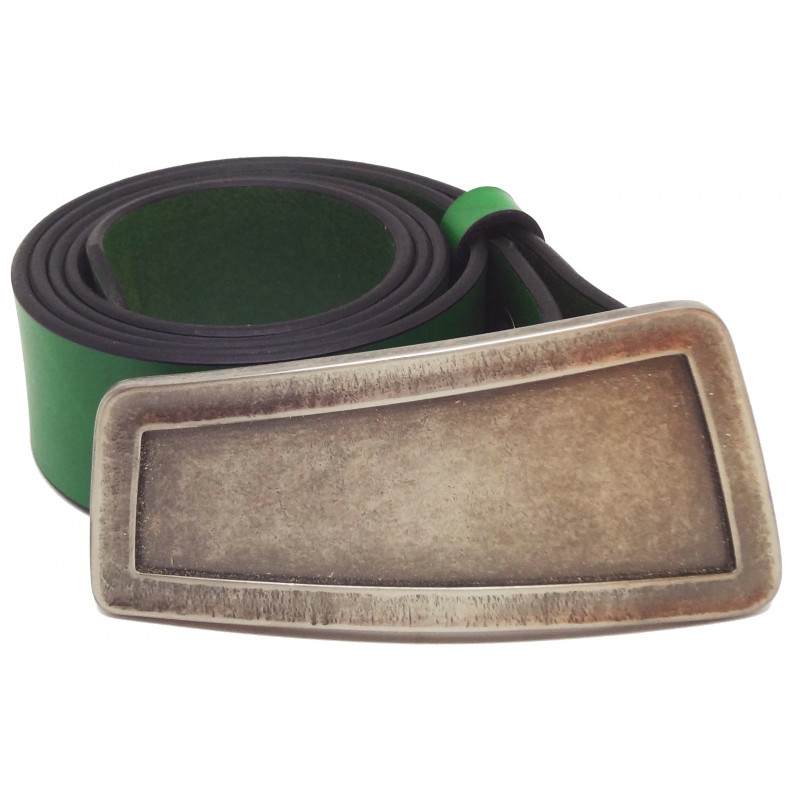 Ceinture artisanale 4 cm cuir Vert Foret tannage vegetal fabrique en France boucle plaque originale