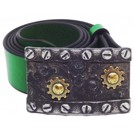 Ceinture en cuir Vert 4 cm boucle Steampunk engrenages 23