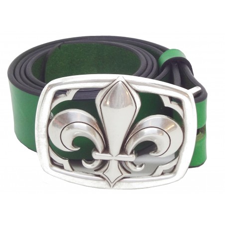 Ceinture en cuir Vert Forêt 4 cm boucle Fleur de Lys 28