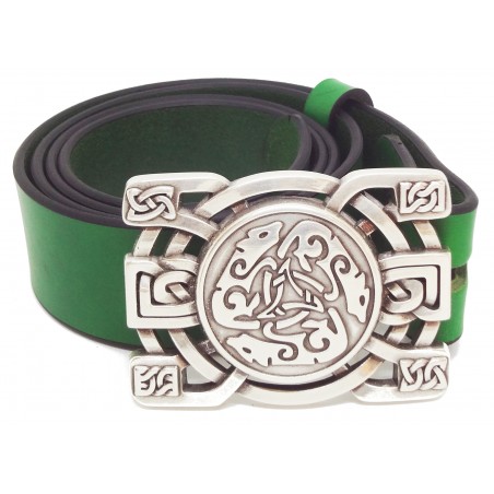 Ceinture en cuir Vert Forêt 4 cm boucle Trois Loups celtiques 30