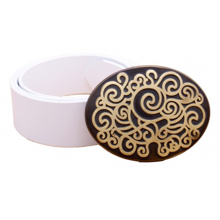 Ceinture artisanale en cuir blanc 4 cm grande boucle ovale bronze 5