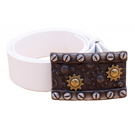 Ceinture artisanale en cuir blanc 4 cm boucle steampunk engrenages 23