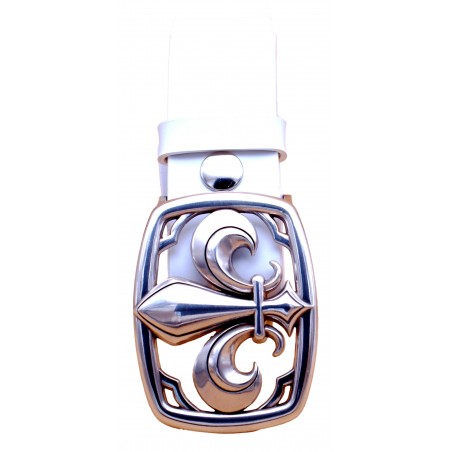 Ceinture artisanale en cuir blanc 4 cm boucle Fleur de Lys 28