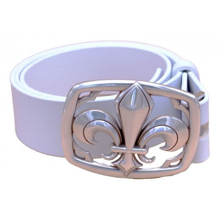 Ceinture artisanale en cuir blanc 4 cm boucle Fleur de Lys 28