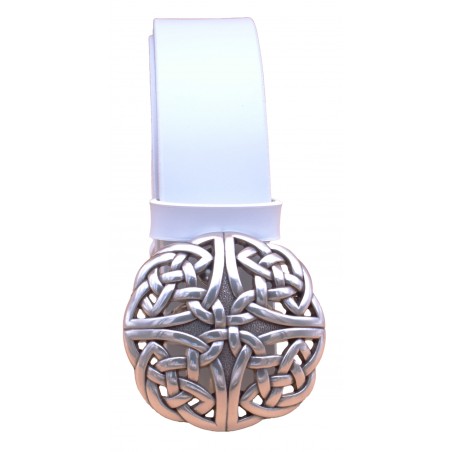 Ceinture artisanale en cuir blanc 4 cm boucle entrelas celtique 31