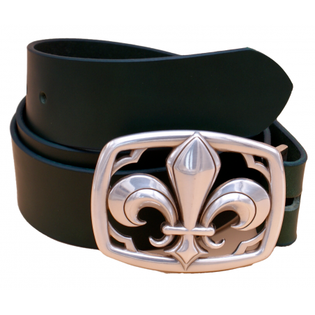 Ceinture artisanale en cuir Vert olive 4 cm boucle Fleur de Lys 28
