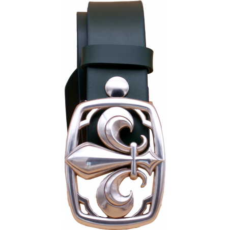 Ceinture artisanale en cuir Vert olive 4 cm boucle Fleur de Lys 28