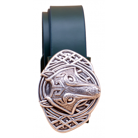 Ceinture artisanale en cuir Vert olive 4 cm boucle Loup celtique 37