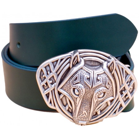 Ceinture artisanale en cuir Vert olive 4 cm boucle Loup celtique 37
