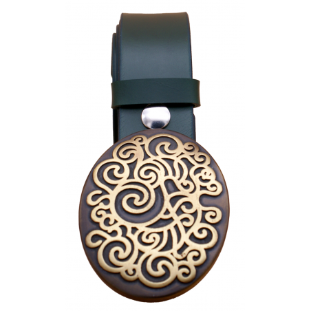 Ceinture artisanale en cuir Vert olive 4 cm grande boucle ovale bronze 5