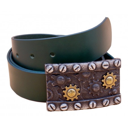Ceinture artisanale en cuir Vert olive 4 cm grande boucle Steampunk engrenages 23