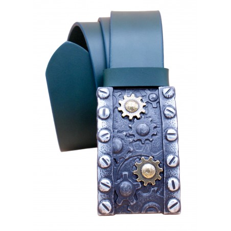 Ceinture artisanale en cuir Vert olive 4 cm grande boucle Steampunk engrenages 23