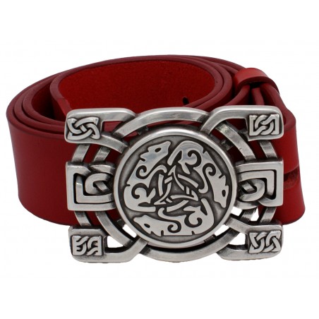 Ceinture Rouge grainé souple classique 4 cm Plaque Triskel loups celtiques 30