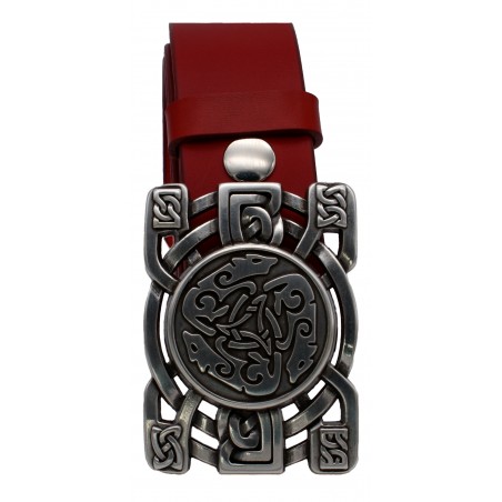 Ceinture Rouge grainé souple classique 4 cm Plaque Triskel loups celtiques 30