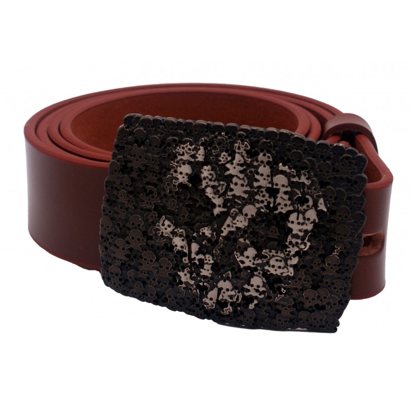 Ceinture Cognac 4 cm boucle Tête de mort 50