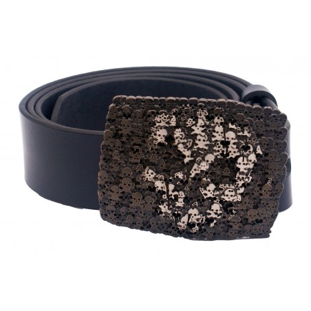 Ceinture artisanale en cuir Bleu marine 4 cm boucle Tête de mort 50