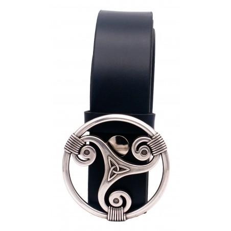 Ceinture artisanale en cuir Bleu marine 4 cm boucle Triskel 29